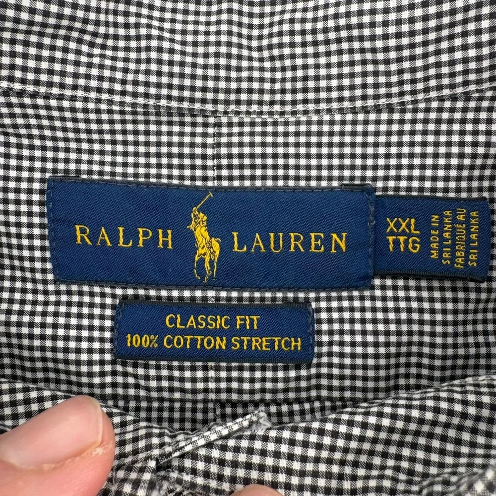 Ralph Lauren Mens XXL Classic Fit Gingham Button Down Shirt Black White Stretch